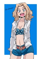 Rule 34 | 10s, 1girl, :d, american flag bikini, aono3, arms behind back, belt, bikini, bikini top only, bikini under clothes, blonde hair, blue background, blue belt, blue bikini, blue eyes, blue shorts, breast pocket, breasts, cleavage, commentary request, cowboy shot, english text, flag print, girls und panzer, hair intakes, highres, jacket, kay (girls und panzer), long hair, long sleeves, looking at viewer, medium breasts, open clothes, open jacket, open mouth, outside border, pocket, print bikini, print bikini top, red belt, short shorts, shorts, smile, solo, standing, striped belt, swimsuit, white jacket