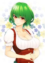 Rule 34 | 1girl, adapted costume, breasts, cleavage, collarbone, dirndl, female focus, floral background, german clothes, green hair, own hands clasped, highres, interlocked fingers, kazami yuuka, large breasts, looking at viewer, looking to the side, mattari yufi, own hands together, plaid, red eyes, short hair, short sleeves, smile, solo, touhou, underbust, upper body
