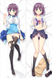Rule 34 | 1girl, ai-chan (tawawa), bakugadou, bed sheet, black skirt, black socks, blue bow, blue bowtie, blue eyes, blue skirt, blush, bow, bow bra, bowtie, bra, braid, breasts, brown footwear, buttons, cameltoe, cleavage, closed mouth, clothes lift, collarbone, collared shirt, dakimakura (medium), earrings, feet, frilled bra, frills, full body, getsuyoubi no tawawa, hand up, jewelry, kneehighs, knees together feet apart, large breasts, lifting own clothes, loafers, looking at viewer, lying, multiple views, navel, necktie, no shoes, on back, open clothes, open mouth, open shirt, panties, partially unbuttoned, pink bra, pink panties, pleated skirt, pocket, purple hair, red bow, school uniform, shirt, shoes, unworn shoes, short hair, short sleeves, side braid, single braid, single shoe, skirt, skirt lift, sleeves rolled up, smile, socks, stomach, sweater vest, thigh gap, thighhighs, torn clothes, torn legwear, underwear, white panties, white shirt