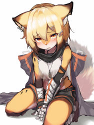 Rule 34 | 1girl, absurdres, animal ears, animal nose, arknights, arm wrap, black cloak, black gloves, blonde hair, blush, body fur, cloak, commentary, crop top, ear piercing, fingerless gloves, fox ears, fox girl, fox tail, furrification, furry, furry female, gloves, hair between eyes, hair ornament, hairclip, highres, hood, hood down, hooded cloak, jewelry, looking at viewer, material growth, necklace, notched ear, orange eyes, oripathy lesion (arknights), piercing, prosthesis, prosthetic arm, seiza, shirt, simple background, single glove, sitting, solo, tab head, tail, tooth necklace, vermeil (arknights), white background, white shirt