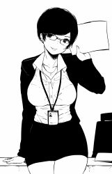 Rule 34 | 1girl, :p, absurdres, black eyes, black hair, black skirt, bralines, breasts, chair, collared shirt, cowboy shot, desk, earrings, female focus, glasses, highres, holding, id card, jacket, jewelry, lanyard, legs together, looking at viewer, medium breasts, miniskirt, monochrome, norman maggot, office lady, olive laurentia, original, paper, pencil skirt, pendant, pixie cut, shirt, short hair, simple background, sitting, skirt, solo, stud earrings, taut clothes, taut shirt, thick thighs, thighs, tongue, tongue out, white background, white shirt