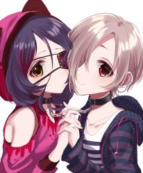 Rule 34 | 2girls, bad id, bad pixiv id, black collar, blonde hair, brown eyes, chain, closed mouth, collar, commentary request, cross, cross earrings, earrings, eyepatch, hair over one eye, hayasaka mirei, holding hands, hood, hooded jacket, idolmaster, idolmaster cinderella girls, interlocked fingers, jacket, jewelry, looking at viewer, misumi (macaroni), multicolored hair, multiple girls, pink eyes, purple hair, purple jacket, shirasaka koume, shirt, short hair, simple background, streaked hair, striped clothes, striped shirt, upper body, white background