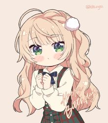 Rule 34 | 1girl, ahoge, blonde hair, blush stickers, chibi, commentary, english commentary, evil smile, green eyes, hair ornament, happy birthday, indie virtual youtuber, kukie-nyan, light brown hair, long hair, looking at viewer, pom pom (clothes), pom pom hair ornament, puckered lips, shigure ui (vtuber) (casual), shigure ui (vtuber), shirt, skirt, smile, solo, suspender skirt, suspenders, twitter username, virtual youtuber, wavy hair, white shirt