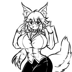 Rule 34 | 10s, 1girl, alternate breast size, animal ears, breasts, cleavage, deculture, fate/extra, fate (series), fox ears, fox tail, glasses, greyscale, huge breasts, impossible clothes, impossible shirt, long hair, monochrome, ponytail, shirt, skirt, tail, tamamo (fate), tamamo no mae (fate/extra)