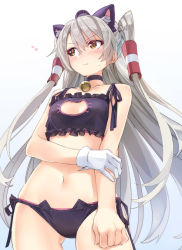 Rule 34 | 10s, 1girl, 3:, 3:&lt;, amatsukaze (kancolle), animal ears, bell, neck bell, black bra, black panties, blush, bra, breasts, brown eyes, cat cutout, cat ears, cat lingerie, choker, cleavage cutout, clothing cutout, gloves, hat, heart, jingle bell, kantai collection, long hair, meme attire, navel, panties, revision, side-tie panties, silver hair, simple background, single glove, small breasts, solo, sweatdrop, two side up, underwear, underwear only, v-shaped eyebrows, white background, white gloves, yahako