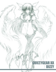 Rule 34 | 1girl, amami fuu, arc system works, blush, boots, breasts, cleavage, dizzy (guilty gear), guilty gear, high heels, long hair, monochrome, shoes, sketch, smile, solo, tail, thighhighs, wings