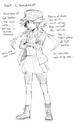 Rule 34 | 1girl, absurdres, bike shorts, boots, camouflage, character name, character profile, crossed arms, english text, facial mark, food, frown, full body, ge-b, greyscale, hat, highres, jacket, military hat, military jacket, monochrome, mouth hold, one eye closed, original, pocky, scar, school uniform, simple background, sketch, smoking, solo, twintails, white background