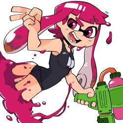 Rule 34 | 1girl, :d, arched back, ass, black one-piece swimsuit, black school swimsuit, breasts, dutch angle, fangs, flat ass, highres, holding, inkling, inkling girl, inkling player character, lakilolom, long hair, mask, name tag, nintendo, one-piece swimsuit, open mouth, paint, pink eyes, pink hair, raised eyebrow, school swimsuit, simple background, small breasts, smile, solo, splatoon (series), splattershot (splatoon), suction cups, swimsuit, teeth, tentacle hair, uneven eyes, v, white background