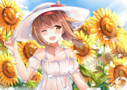 Rule 34 | 10s, 1girl, ;d, alternate costume, bad id, bad pixiv id, bare shoulders, brown hair, casual, cloud, cloudy sky, collarbone, day, detached sleeves, dress, eyebrows, field, flower, flower field, hairband, hat, kantai collection, large hat, light particles, looking to the side, low twintails, one eye closed, open mouth, outdoors, red hairband, shiratsuyu (kancolle), short sleeves, short twintails, sky, smile, solo, sun hat, sunflower, sunflower field, sunlight, tailam, twintails, upper body, water drop, white dress, white hat, yellow eyes