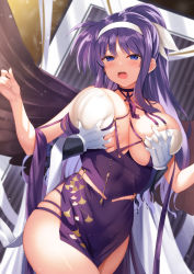 Rule 34 | 1girl, absurdres, azur lane, bare shoulders, blush, grabbing another&#039;s breast, breasts, breasts squeezed together, commission, cosplay, criss-cross halter, dido (anxious bisque doll) (azur lane), dido (azur lane), dido (azur lane) (cosplay), disembodied hand, dress, grabbing, hairband, halter dress, halterneck, highres, large breasts, long hair, looking at viewer, lyrical nanoha, purple dress, purple eyes, purple hair, raiou, skeb commission, thighs, tsukimura suzuka