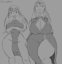 Rule 34 | 2girls, artist name, breasts, coryhen(artist), hand on breast, huge breasts, japanese clothes, multiple girls, self-upload, thick thighs, thighs