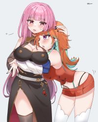 Rule 34 | 2girls, black dress, blush, bow choker, couple, dress, earrings, feather earrings, feathers, gradient hair, hand on another&#039;s head, headpat, highres, hololive, hololive english, hug, jewelry, leaning on person, looking at another, miniskirt, mori calliope, multicolored hair, multiple girls, orange hair, pink hair, shunnukiki, skirt, takanashi kiara, virtual youtuber, yuri