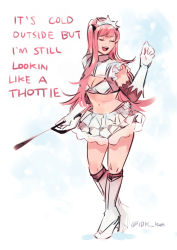 Rule 34 | 1girl, :d, blue background, boots, bra, dancing, closed eyes, facing viewer, fate/grand order, fate (series), gloves, high heel boots, high heels, highres, holding, idk-kun, long hair, medb (fate), medb (fate), meme, open mouth, pink hair, riding crop, short sleeves, skirt, smile, solo, standing, twitter username, underwear, white bra, white footwear, white gloves, white skirt