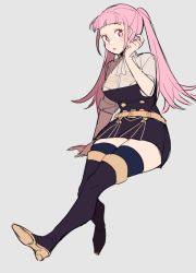 Rule 34 | 1girl, ascot, belt, black footwear, black thighhighs, blush, boots, buttons, do m kaeru, female focus, fire emblem, fire emblem: three houses, full body, garreg mach monastery uniform, grey background, hilda valentine goneril, invisible chair, long hair, looking at viewer, matching hair/eyes, nintendo, pink eyes, pink hair, simple background, sitting, sleeves rolled up, solo, thighhighs, thighs, twintails, uniform, white ascot, yellow belt
