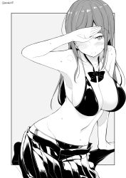 Rule 34 | arm support, arm up, bikini, bikini under clothes, breasts, cleavage, closed mouth, clothes pull, covering one eye, greyscale, kichihachi, large breasts, long hair, looking at viewer, loose neckwear, loose skirt, monochrome, neck ribbon, original, outside border, pleated skirt, ribbon, simple background, sitting, skirt, skirt pull, smile, solo, straight hair, sweat, swimsuit, twitter username
