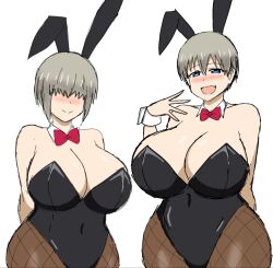 Rule 34 | 2girls, bare shoulders, blush, bow, breasts, cleavage, collarbone, cowboy shot, detached collar, dot nose, fang, grey hair, hair over eyes, highres, huge breasts, leotard, looking at viewer, momijizx, multiple girls, open mouth, pantyhose, playboy bunny, red bow, short hair, sidelocks, skin fang, smile, smug, standing, strapless, thick thighs, thighs, uzaki-chan wa asobitai!, uzaki hana, uzaki yanagi, white background