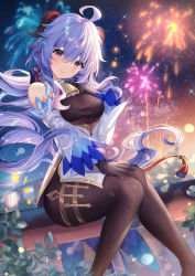 Rule 34 | 1girl, absurdres, ahoge, bare shoulders, bell, black gloves, blue hair, blush, bodystocking, breasts, brown pantyhose, detached sleeves, dress, elbow gloves, fireworks, ganyu (genshin impact), genshin impact, gloves, highres, horns, large breasts, long hair, looking at viewer, night, night sky, pantyhose, purple eyes, shanguier, sitting, sky, solo, thighs, white dress