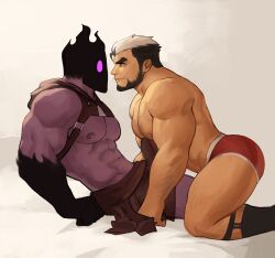 Rule 34 | 2boys, abs, absurdres, ass, bara, briefs, bulge, chest hair, couple, erection, erection under clothes, fangs, fangs out, helbai, highres, hood, hood down, large pectorals, legwear garter, looking at another, male focus, male underwear, multiple boys, muscular, muscular male, nipples, original, pectorals, red male underwear, simple background, thick thighs, thighs, underwear, yaoi