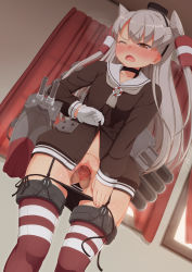 Rule 34 | 10s, 1girl, amatsukaze (kancolle), black panties, blood, blush, brown eyes, censored, clothes lift, defloration, disembodied penis, dress, dress lift, fang, garter straps, highres, invisible penis, kantai collection, lifting own clothes, long hair, one eye closed, panties, panty pull, penis, personification, pussy, sailor dress, sex, short dress, side-tie panties, silver hair, skirt, skirt lift, striped clothes, striped thighhighs, tachimi (basue), tears, thighhighs, twintails, two side up, underwear, vaginal, wince, wink