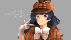 Rule 34 | 1girl, artist name, artist request, blue hair, blush, breasts, brown headwear, brown shirt, collared shirt, cynonic, detective, detective hat, earrings, female focus, gloves, grey background, hair bun, hair ornament, hairclip, highres, jewelry, long hair, looking at viewer, love live!, love live! school idol festival, love live! school idol festival all stars, love live! sunshine!!, medium breasts, parted lips, purple eyes, shirt, single hair bun, smile, solo, tsushima yoshiko, white gloves