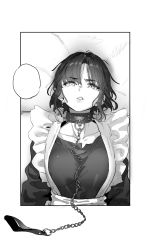Rule 34 | 1girl, absurdres, annoyed, bed sheet, chain, chain leash, collar, collarbone, cross, cross earrings, earrings, greyscale, hei yan-m82a1, highres, jewelry, leash, looking at viewer, lying, maid, monochrome, on back, original, parted lips, short hair, solo