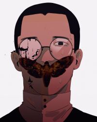 Rule 34 | 1boy, bags under eyes, black eyes, black hair, blood, blood on face, broken eyewear, bug, character request, check character, crack, cracked glass, crew cut, death&#039;s head hawkmoth, golden kamuy, highres, insect, looking at viewer, male focus, moth, naruysae, round eyewear, short hair, solo, sweatdrop, the silence of the lambs, tsurumi tokushirou
