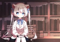 Rule 34 | 1girl, animal ears, black skirt, blue bow, blue eyes, book, bookshelf, bow, closed mouth, collared shirt, commentary, commission, hair between eyes, hair bow, jacket, long hair, long sleeves, mechuragi, original, pantyhose, pleated skirt, puffy long sleeves, puffy sleeves, shirt, sitting, skirt, sleeves past wrists, smile, solo, tiger ears, twintails, very long hair, white hair, white jacket, white pantyhose, white shirt