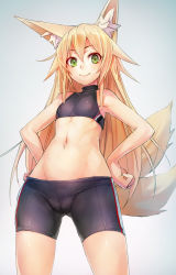 Rule 34 | 1girl, animal ears, armpits, bare shoulders, bike shorts, blonde hair, borrowed character, breasts, cameltoe, covered erect nipples, fox ears, fox tail, green eyes, groin, hands on own hips, highres, kokonoe tsubaki, long hair, looking at viewer, midriff, multiple tails, navel, original, shirt, simple background, sleeveless, sleeveless shirt, small breasts, smile, solo, standing, stomach, tail, taishi (picchiridou)