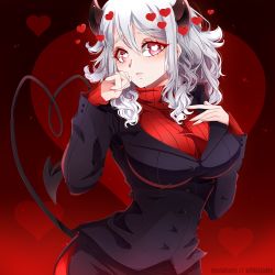Rule 34 | 1girl, absurdres, black horns, black skirt, black suit, blush, breasts, commentary request, demon girl, demon horns, demon tail, formal, heart, heart-shaped pupils, helltaker, highres, horns, invidiata, large breasts, long hair, long sleeves, looking at viewer, modeus (helltaker), red background, red eyes, red sweater, ribbed sweater, skirt, sleeves past wrists, solo, suit, sweater, symbol-shaped pupils, tail, turtleneck, white hair