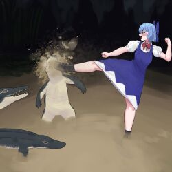 Rule 34 | 1girl, absurdres, ai-generated art (topic), alligator, alligator kick (meme), blue dress, blue eyes, blue hair, cirno, collared shirt, commentary, crocodilian, dress, english commentary, fighting stance, full body, highres, in the face, kicking, meme, neck ribbon, omikami, open mouth, pinafore dress, puffy short sleeves, puffy sleeves, red ribbon, ribbon, shirt, shoes, short hair, short sleeves, sleeveless, sleeveless dress, smile, solo, standing, standing on one leg, touhou, white shirt