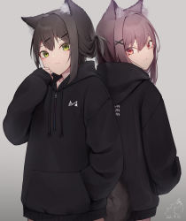 Rule 34 | 2girls, absurdres, animal ear fluff, animal ears, black hoodie, blush, brown hair, closed mouth, clothes writing, commentary request, dated, drawstring, green eyes, grey background, hair between eyes, hair ornament, hairclip, highres, hood, hood down, hoodie, long sleeves, mayogii, multiple girls, original, ponytail, puffy long sleeves, puffy sleeves, red eyes, signature, sleeves past wrists, smile, tail, x hair ornament