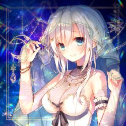 Rule 34 | 1girl, bare shoulders, blue eyes, blush, bracelet, breasts, cleavage, closed mouth, jewelry, looking at viewer, medium breasts, necklace, original, smile, solo, toosaka asagi, upper body, veil, white hair