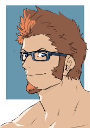 Rule 34 | 1boy, bare shoulders, beard, blue eyes, brown hair, close-up, closed mouth, facial hair, fate/grand order, fate (series), glasses, goatee, highres, long sideburns, looking at viewer, male focus, monmonhomon, napoleon bonaparte (fate), sideburns, simple background, sketch, smile, solo, topless male, upper body