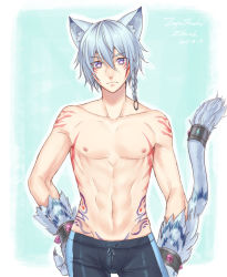 Rule 34 | 1boy, animal ear fluff, animal ears, blue hair, blue jammers, blue male swimwear, body markings, bracelet, braid, claws, closed mouth, collarbone, crash fever, dated, drawstring, enkidu (crash fever), eyes visible through hair, facial mark, hair between eyes, jammers, jewelry, light blue hair, looking at viewer, male focus, male swimwear, navel, nipples, outline, purple eyes, signature, slit pupils, solo, spiked bracelet, spikes, swimsuit, tail, tail ornament, tail ring, tenjou tsuki, topless male, white outline