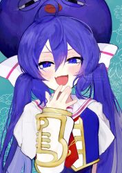 Rule 34 | 1girl, \||/, ahoge, artist name, band uniform, blue background, blue shirt, blush, detached sleeves, eel hat, fang, floral background, gold trim, half-closed eyes, hand to own mouth, highres, long hair, looking at viewer, low twintails, multicolored shirt, necktie, open mouth, otomachi una, otomachi una (sugar), purple eyes, purple hair, red necktie, sailor collar, shirt, short sleeves, skin fang, smile, smug, solo, takamiya yuu, twintails, upper body, v-shaped eyebrows, vocaloid, watermark, white sailor collar, white shirt, white sleeves