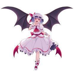 Rule 34 | 1girl, ascot, bat wings, bow, cibo (killy), full body, hat, hat bow, highres, looking at viewer, mob cap, open mouth, purple hair, red ascot, red bow, red eyes, remilia scarlet, sash, shirt, shoes, short sleeves, simple background, skirt, skirt hold, slit pupils, solo, touhou, waist bow, white background, white hat, white shirt, white skirt, wings, wrist cuffs