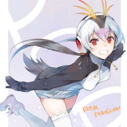 Rule 34 | 1girl, ankle boots, bird tail, black hair, boots, border, breasts, character name, drawstring, floating hair, from side, grin, hair between eyes, headphones, jacket, kemono friends, leaning forward, leg up, long hair, long sleeves, looking at viewer, low twintails, medium breasts, mittens, miz, multicolored hair, outside border, outstretched arms, penguin tail, penguins performance project (kemono friends), purple background, red eyes, royal penguin (kemono friends), smile, solo, spread arms, tail, thighhighs, turtleneck, twintails, very long hair, white border, white footwear, white hair, white thighhighs