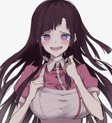 Rule 34 | 1girl, apron, bare arms, blush, clenched hands, commentary request, cosplay, danganronpa (series), danganronpa 2: goodbye despair, danganronpa v3: killing harmony, forced smile, grey background, highres, iumi urura, long hair, looking at viewer, nervous, open mouth, pink shirt, puffy short sleeves, puffy sleeves, purple eyes, purple hair, shirogane tsumugi, shirt, short sleeves, simple background, smile, solo, spoilers, sweat, symbol-shaped pupils, tsumiki mikan, tsumiki mikan (cosplay), upper body