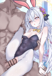 Rule 34 | 1boy, 1girl, :o, absurdres, alternate costume, azusa (blue archive), bar censor, blue archive, blush, breasts, censored, clothed female nude male, daram (shappydude), flower, grey hair, hair between eyes, hair flower, hair ornament, halo, hetero, highres, leotard, long hair, medium breasts, motion lines, nipples, nude, pantyhose, penis, playboy bunny, purple eyes, pussy, sex, torn clothes, torn pantyhose, vaginal, white pantyhose, yellow halo