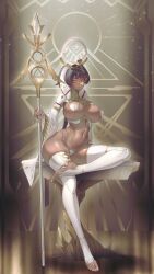 Rule 34 | 1girl, absurdres, bare shoulders, barefoot, blush, breasts, closed mouth, covered erect nipples, curvy, dark-skinned female, dark skin, egyptian, egyptian clothes, egyptian mythology, eye mask, full body, has bad revision, has watermarked revision, headgear, highres, large breasts, looking at viewer, maebari, mecha musume, navel, on table, original, pasties, revealing clothes, sitting, smile, solo, staff, stomach, suerte, table, thick thighs, thighhighs, thighs, usekh collar