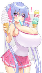 Rule 34 | !, 1girl, blue hair, blush, breasts, bursting breasts, character name, collarbone, cowboy shot, female focus, food, food in mouth, framed, hair ribbon, highres, holding, holding food, huge breasts, ice cream, impossible clothes, long hair, oppai loli, original, pink eyes, pink ribbon, pink skirt, popsicle, popsicle in mouth, ribbon, riko (shuz), shuz (dodidu), skirt, solo, tank top, twintails, twitter username, white background