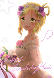 Rule 34 | 1girl, 2019, absurdres, aqua rose, artist name, artist request, bare shoulders, blonde hair, blush, bouquet, braid, bridal veil, crown braid, dated, detached sleeves, dress, female focus, flower, hair flower, hair ornament, hair rings, highres, holding, holding bouquet, jewelry, long sleeves, looking at viewer, love live!, love live! school idol festival, love live! sunshine!!, medium hair, necklace, ohara mari, pink flower, pink rose, purple flower, purple rose, rose, short hair, smile, solo, star (symbol), strapless, strapless dress, tiara, veil, wedding dress, white background, white flower, white rose, yellow eyes, yellow flower, yellow rose