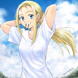 Rule 34 | 1girl, adjusting hair, arms behind head, arms up, blue eyes, collarbone, day, forehead, hair tie in mouth, hands in hair, highres, kofune ushio, long hair, mouth hold, outdoors, ponytail, shijuuichi, shirt, sky, smile, solo, summertime render, t-shirt, twitter username, tying hair, white shirt