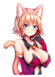 Rule 34 | 1girl, absurdres, animal ears, bell, blonde hair, blue eyes, breasts, cleavage, closed mouth, detached collar, elbow gloves, gloves, hand to own mouth, highres, jingle bell, large breasts, looking at viewer, original, short hair, simple background, slit pupils, smile, solo, sukemyon, tail, upper body, white background