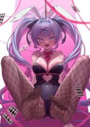 Rule 34 | 1girl, :d, ace (playing card), ace of hearts, animal ears, arms behind back, bare shoulders, black leotard, blue eyes, blue hair, blue nails, blush, bow, bowtie, breasts, cameltoe, card, cleavage, clothing cutout, covered navel, detached collar, fishnet pantyhose, fishnets, floating card, full body, hair between eyes, hair ornament, hairband, hatsune miku, heart, heart-shaped pupils, heart cutout, heart hair ornament, highres, knees apart feet together, legs, legs up, leotard, long hair, medium breasts, multicolored hair, nail polish, open mouth, pantyhose, pink hair, playing card, pole, rabbit ears, rabbit girl, rabbit hole (vocaloid), red bow, red bowtie, see-through, silentcity, smile, solo, spaghetti strap, spread legs, strap slip, streaked hair, stripper pole, symbol-shaped pupils, twintails, two-tone hair, very long hair, vocaloid, white hairband, x hair ornament