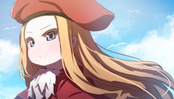 Rule 34 | 1girl, absurdres, bad id, bad twitter id, beret, bird, blonde hair, blue eyes, blue sky, blush, capelet, closed mouth, cloud, colored eyelashes, commentary request, day, floating hair, forehead, hat, highres, long hair, looking away, original, outdoors, parted bangs, portrait, red capelet, red hat, sky, smile, solo, very long hair, wada kazu