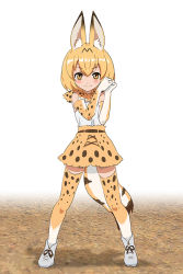 Rule 34 | 10s, 1girl, animal ears, bare shoulders, blonde hair, blush, bow, bowtie, breasts, cat ears, cat tail, elbow gloves, full body, gloves, interlocked fingers, kemono friends, legs apart, looking at viewer, own hands clasped, own hands together, serval (kemono friends), serval print, serval tail, short hair, simple background, skirt, sleeveless, smile, solo, standing, tail, thighhighs, washu junkyu, wide stance, yellow eyes, zettai ryouiki