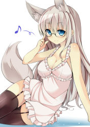 Rule 34 | 1girl, animal ears, bad id, bad pixiv id, bare shoulders, black thighhighs, blue eyes, blush, breasts, cleavage, garter straps, glasses, grey hair, large breasts, long hair, musical note, original, quaver, simple background, smile, solo, tail, thighhighs, white background, wolf ears, wolf tail, yahiro (anhnw)