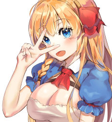 Rule 34 | 1girl, ahoge, blue eyes, blush, breasts, cleavage, commentary, highres, kian, large breasts, long hair, looking at viewer, open mouth, pecorine (princess connect!), princess connect!, puffy short sleeves, puffy sleeves, short sleeves, simple background, solo, tiara, v, v over eye, white background