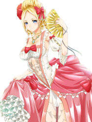 Rule 34 | 1girl, absurdres, bad id, bad pixiv id, blonde hair, blue eyes, bow, bowtie, breasts, cleavage, detached sleeves, dress, folding fan, haguda tofu (hakudatofu), hand fan, highres, holding hands, jewelry, large breasts, looking at viewer, marie antoinette (historical person), necklace, real life, real life insert, red bow, red bowtie, simple background, smile, white background